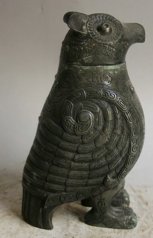 

song voge gem S1895 9" Old Chinese dynasty Bronze food vessel kettle Pot Jar Crock Bird Statue Zun