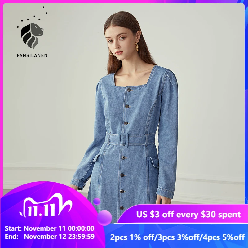 FANSILANEN Vintage Autumn Winter Long Blue Denim Dress Women Long Sleeve Slim Elegant Jeans Dress Casual Belt Office Dress 2020
FANSILANEN Vintage Autumn Winter Long Blue Denim Dress Women Long Sleeve Slim Elegant Jeans Dress Casual Belt Office Dress 2020