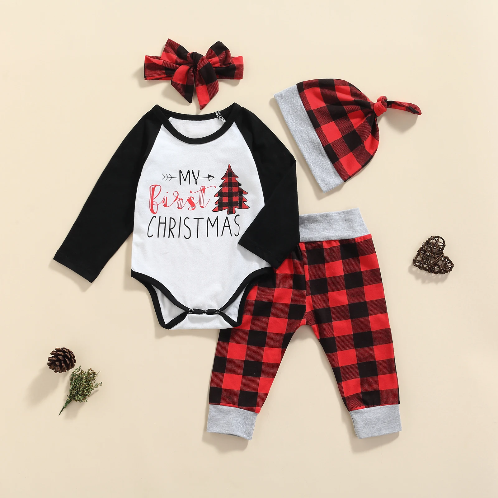 Girls Boys 4PCS Christmas Outfit Tree Letter Printed Long Sleeve Romper Top Plaid Pants Cap Headwear Baby Clothing
Girls Boys 4PCS Christmas Outfit Tree Letter Printed Long Sleeve Romper Top Plaid Pants Cap Headwear Baby Clothing