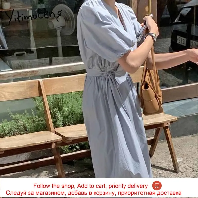 

Yitimuceng Midi Dresses for Women Lace Up Puff Sleeve High Waist Unicolor White Blue Sundress 2021 Summer Korean Fashion Dress