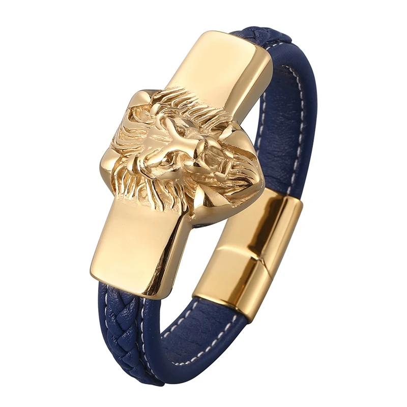 New Blue Leather Men Bracelets Bangles Luxury Gold Lion Head Stainless Steel Magnetic Buckle Wristband Male Punk Jewelry PD0822
New Blue Leather Men Bracelets Bangles Luxury Gold Lion Head Stainless Steel Magnetic Buckle Wristband Male Punk Jewelry PD0822