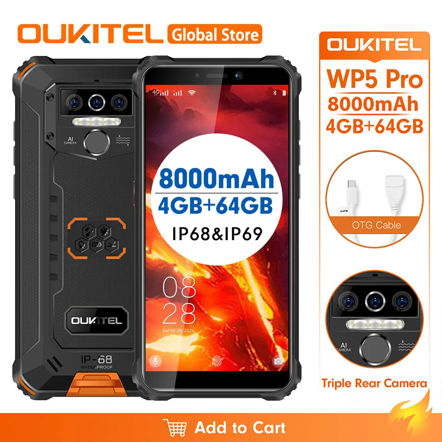 OUKITEL WP5 Pro 5 дюйма 4 Гб 64 IP68 Водонепроницаемый смартфон 8000 мАч Android 10 тройной Камера