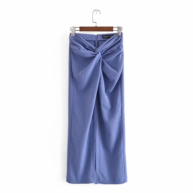 

Za 2021 High Waist Print Ruched Summer Skirt Women Textured Knot Vintage Midi Blue Skirts Woman Chic Back Zip Slit Elegant Skirt