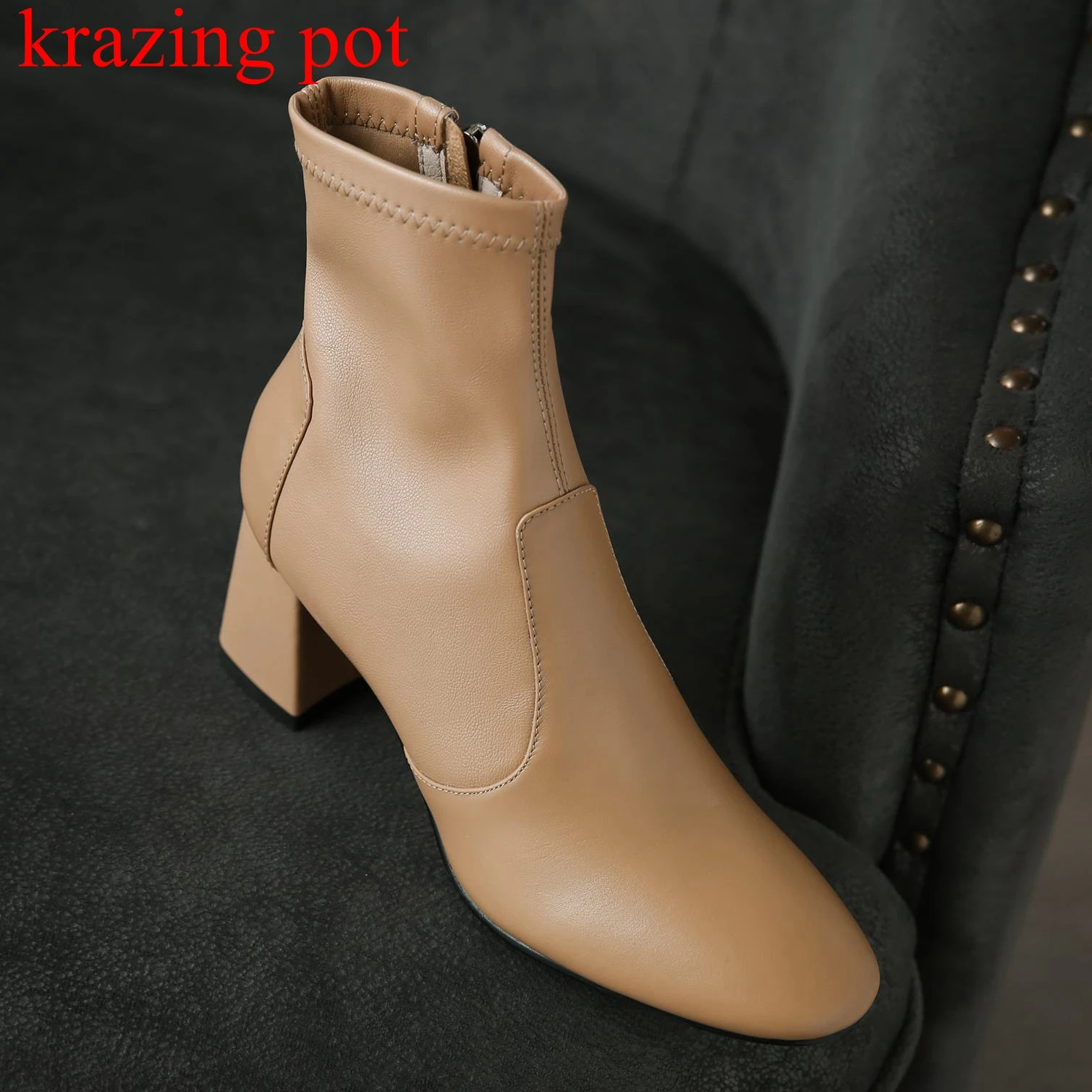 

krazing pot cow leather round toe zipper all-match basic clothing thick high heels winter gorgeous career lady ankle boots l53