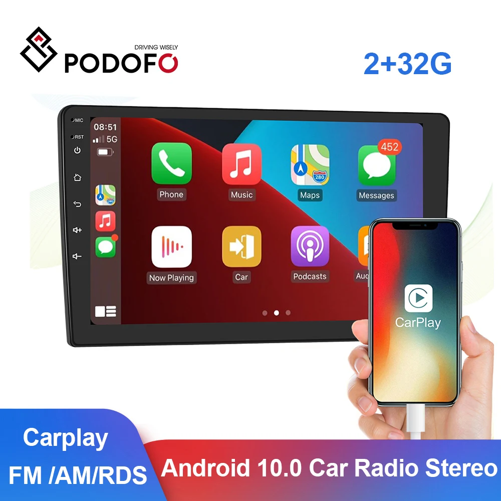 

Podofo Android 10.0 Car Radio Stereo Carplay 9" 10" Capacitive Touch Screen HD FM /AM/RDS DSP GPS Navigation BT USB Player
