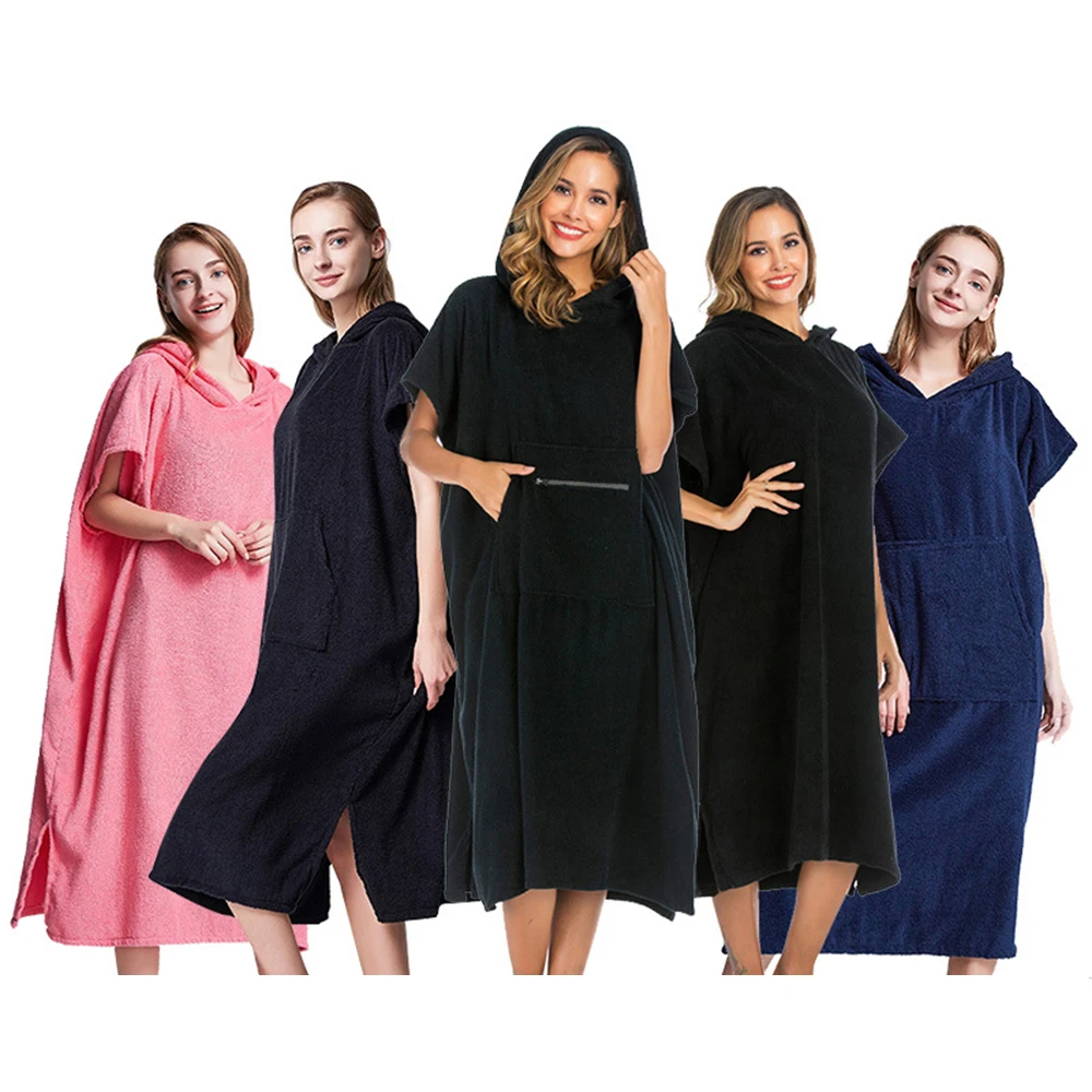 

2021 Solid Black Color Thick Robe Surfing Poncho Towel Wet Hoodie Cloak Beach Skirt Adult 110x75cm With Pocket + No Pocket Style