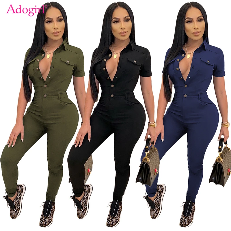 Adogirl Women Solid Overalls Turn Down Collar Short Sleeve Single Breasted Pockets Slim Jumpsuit Casual One Piece Pants Romper
Adogirl Women Solid Overalls Turn Down Collar Short Sleeve Single Breasted Pockets Slim Jumpsuit Casual One Piece Pants Romper