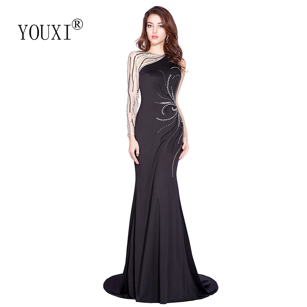 Mermaid Evening Dresses 2019 Sexy One Shoulder Long Sleeve Beaded Beading Black Satin Sheer illusion Formal Prom Gown
Mermaid Evening Dresses 2019 Sexy One Shoulder Long Sleeve Beaded Beading Black Satin Sheer illusion Formal Prom Gown