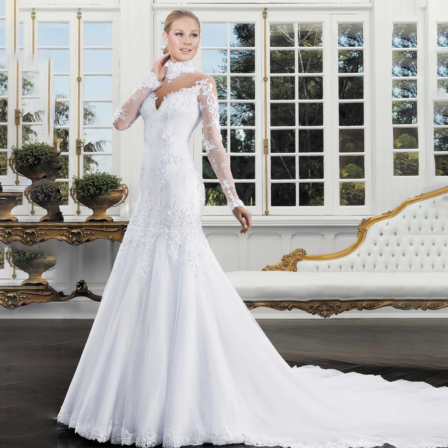 High Neck See Through Neck with Crystals Mermaid Pure White Wedding Dress Illusion Back with Lace Long Sleeve Bridal Dress
High Neck See Through Neck with Crystals Mermaid Pure White Wedding Dress Illusion Back with Lace Long Sleeve Bridal Dress