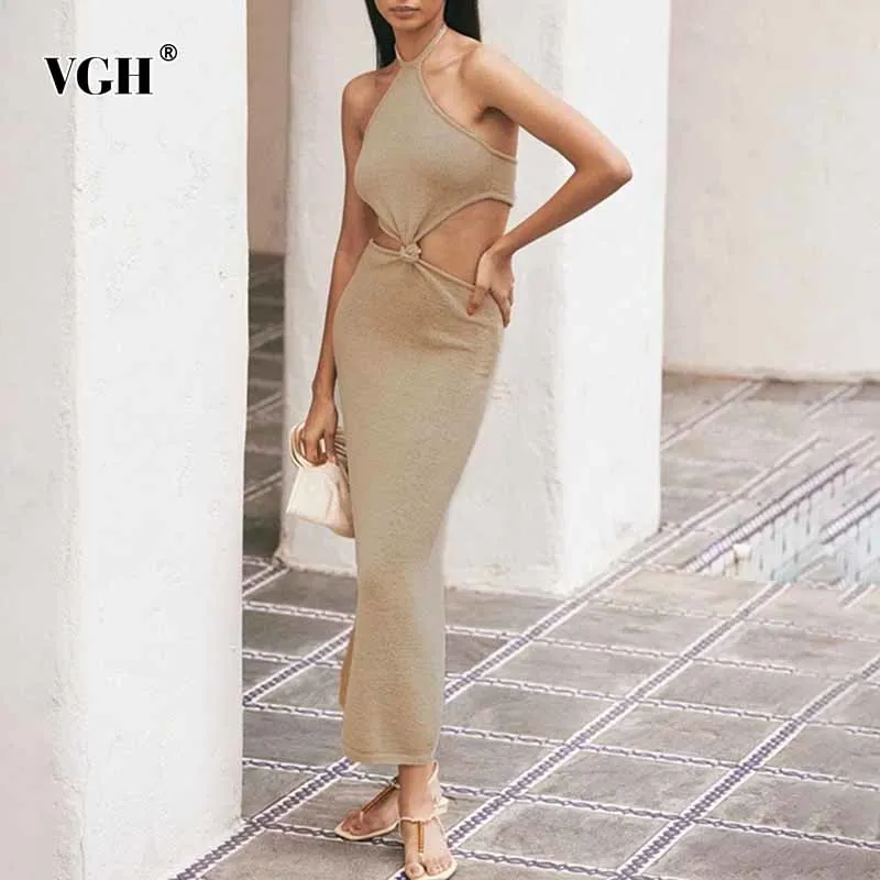 VGH Khaki Sexy Backless Dress For Women Halter Sleeveless High Waist Hollow Out Maxi Dresses Female 2021 Summer Fashion Clothing
VGH Khaki Sexy Backless Dress For Women Halter Sleeveless High Waist Hollow Out Maxi Dresses Female 2021 Summer Fashion Clothing