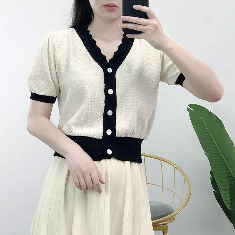 Женский вязаный свитер из вискозы, маленькая Очаровательная блузка с коротким рукавом и V-образным вырезом, элегантный кардиган, лето 2021
Женский вязаный свитер из вискозы, маленькая Очаровательная блузка с коротким рукавом и V-образным вырезом, элегантный кардиган, лето 2021