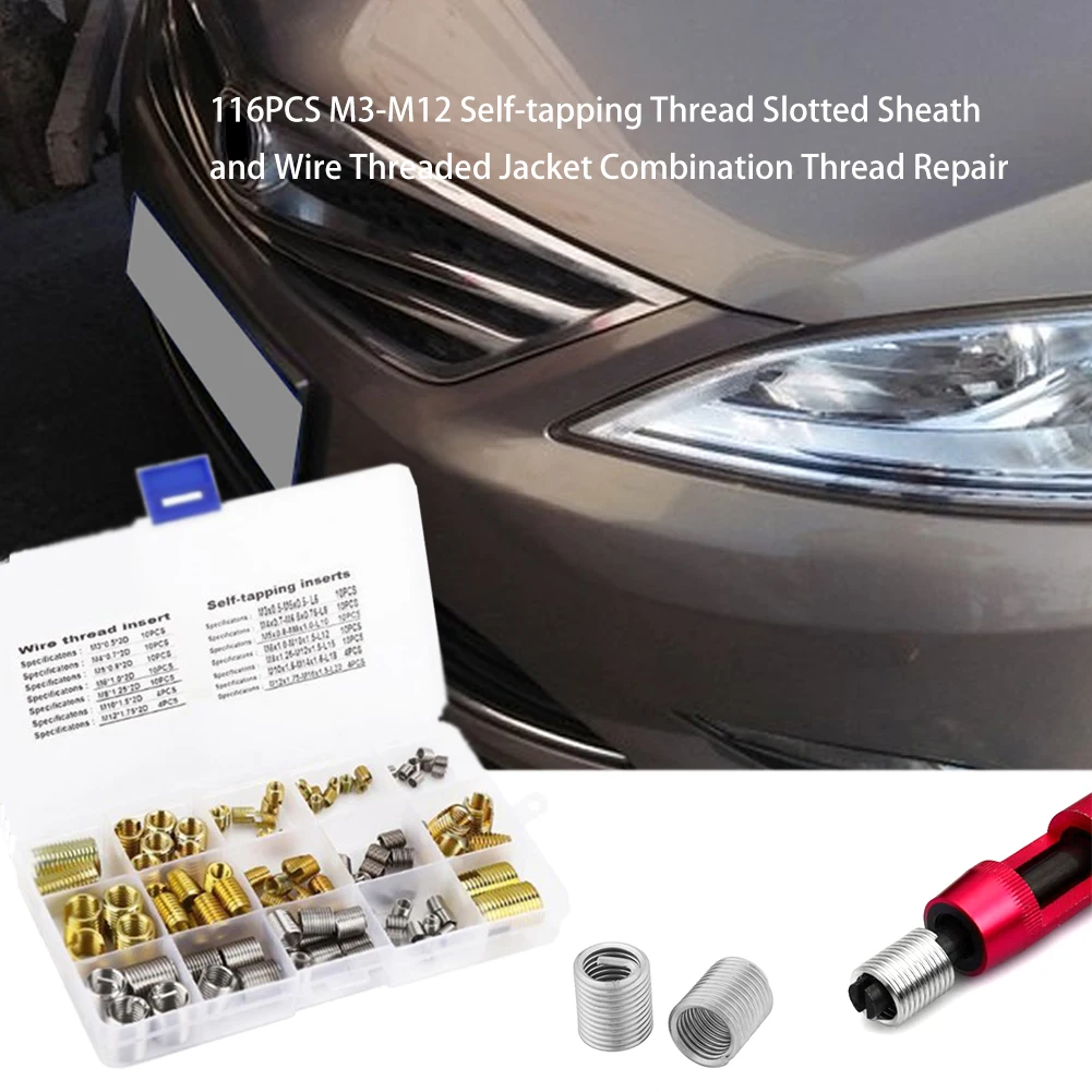 116PCS M3-M12 Self-tapping Thread Slotted Sheath And Wire Threaded Car Jacket Combination Thread Repair Tools Accessoreis
116PCS M3-M12 Self-tapping Thread Slotted Sheath And Wire Threaded Car Jacket Combination Thread Repair Tools Accessoreis