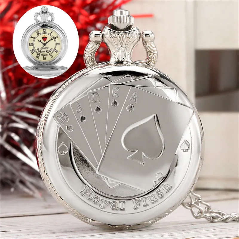 Poker Pattern Case Antique Silver Clock Luminous Pointers Dial Clock Quartz Analog Unisex Pocket Watches Alloy Necklace Chain
Poker Pattern Case Antique Silver Clock Luminous Pointers Dial Clock Quartz Analog Unisex Pocket Watches Alloy Necklace Chain