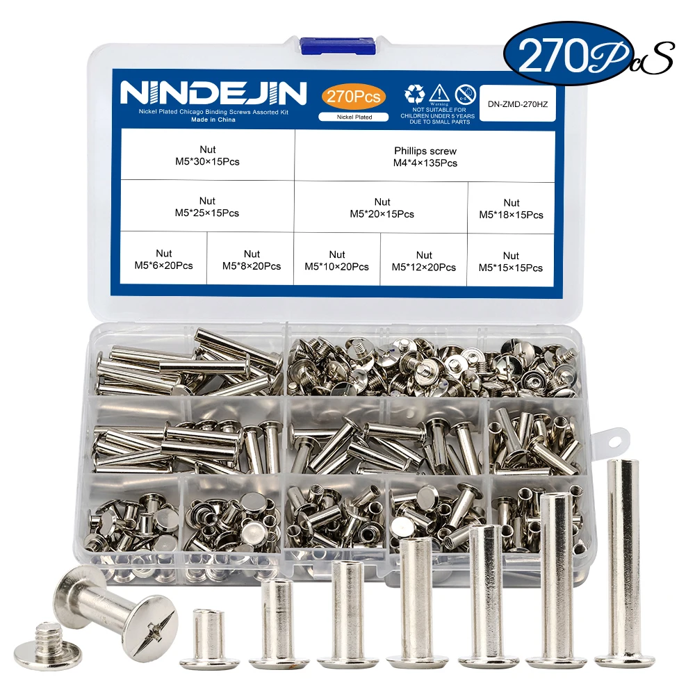 NINDEJIN 270pcs/set Chicago Screws Assortment Kit Ni-plated Phillips Head Book Binding Screws Rivet for DIY Leather Craft
NINDEJIN 270pcs/set Chicago Screws Assortment Kit Ni-plated Phillips Head Book Binding Screws Rivet for DIY Leather Craft
