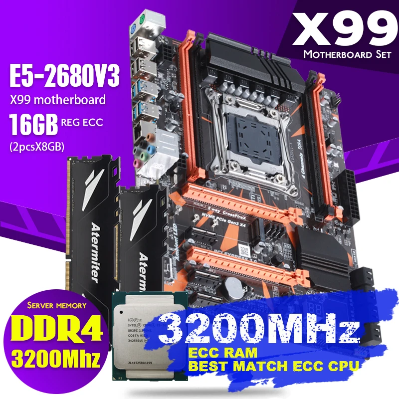 Atermiter X99 D4 DDR4 набор материнских плат с Ксеон E5 2680 V3 LGA2011 3 Процессор 2 шт. X 8 ГБ = 16 Гб