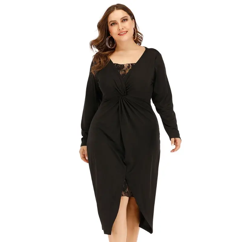 Women Plus Size Long Sleeve Black Slim Midi Dress Twist Front Sexy V-Neck Floral Lace Patchwork Irregular Split Cocktail H05D
Women Plus Size Long Sleeve Black Slim Midi Dress Twist Front Sexy V-Neck Floral Lace Patchwork Irregular Split Cocktail H05D