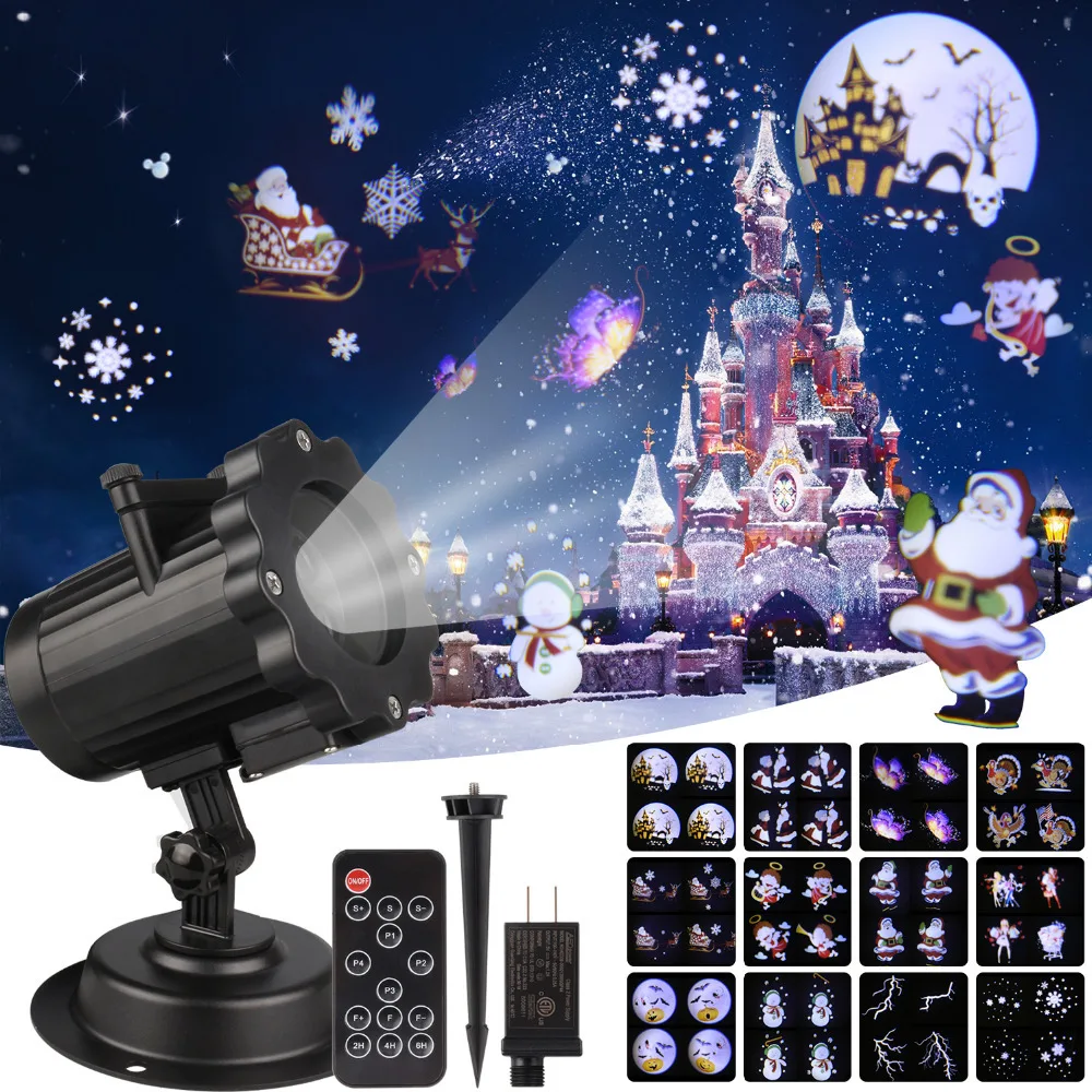 

Hot Christmas Halloween Laser Projector Animation Effect IP65 Indoor/Outdoor Projector 12 Patterns Snowflake/Snowman Laser Light