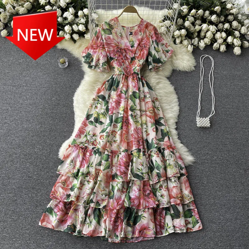 Vestidos Women's V-neck Flared Sleeve Chiffon Printing Holiday Midi Dress 2021 Summer Fashion New Elegant Temperament
Vestidos Women's V-neck Flared Sleeve Chiffon Printing Holiday Midi Dress 2021 Summer Fashion New Elegant Temperament