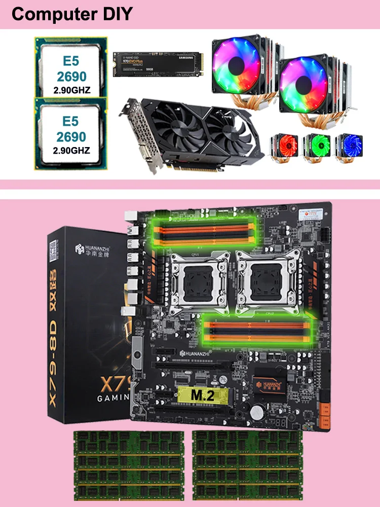 HUANANZHI X79-8D dual X79 motherboard with M.2 NVMe slot dual CPU Xeon E5 2690 coolers RAM 128G(8*16G) RECC GPU GTX1050TI 4GD5 
HUANANZHI X79-8D dual X79 motherboard with M.2 NVMe slot dual CPU Xeon E5 2690 coolers RAM 128G(8*16G) RECC GPU GTX1050TI 4GD5