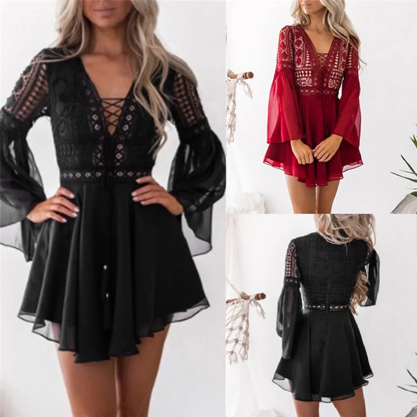 

Hollow Out White Dress Sexy Women Mini Chiffon Semi-Sheer Checkered Dress Plunge V-Neck Long Sleeve Crochet Lace Dress Black