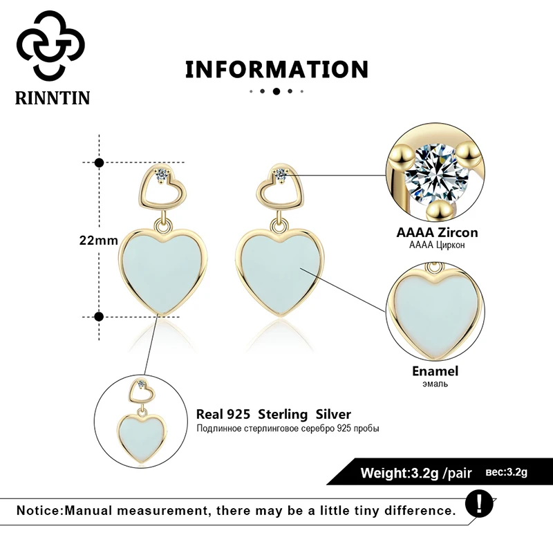 Rinntin Real 925 Sterling Silver Stud Earrings Heart Shape Enamel 3 Prong Setting AAAA Zirconia Trendy Ear Nail For Girls TEQE13
Rinntin Real 925 Sterling Silver Stud Earrings Heart Shape Enamel 3 Prong Setting AAAA Zirconia Trendy Ear Nail For Girls TEQE13