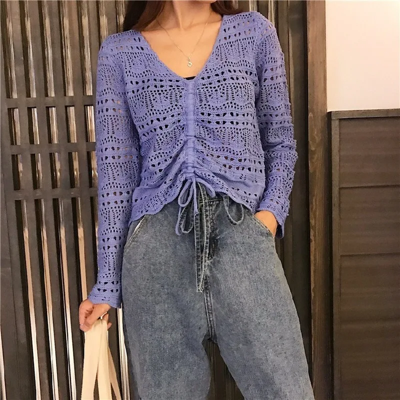 

Sexy Pullovers V Neck Crochet Khaki Sweater Women's All-Match Ruched Long Sleeve Solid Indie Asymmetric Crop Top Dropshipping