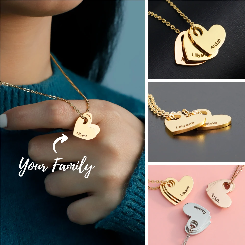 Personalized Heart Pendants Necklace Engraved your family names Mother's Day Necklace Jewelry Gift gold rosegold steel color 
Personalized Heart Pendants Necklace Engraved your family names Mother's Day Necklace Jewelry Gift gold rosegold steel color