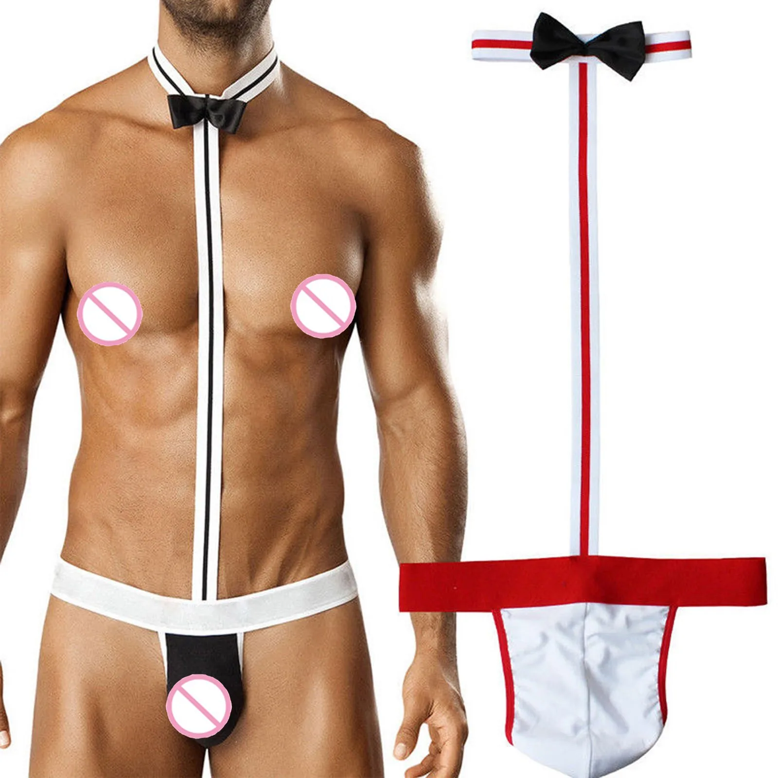 Bowknot tie Novelty Sexy Men Mankini Thong Underwear Waiter Costume Bodysuit Lingerie Males G-Strings brasileñas 2021
Bowknot tie Novelty Sexy Men Mankini Thong Underwear Waiter Costume Bodysuit Lingerie Males G-Strings brasileñas 2021