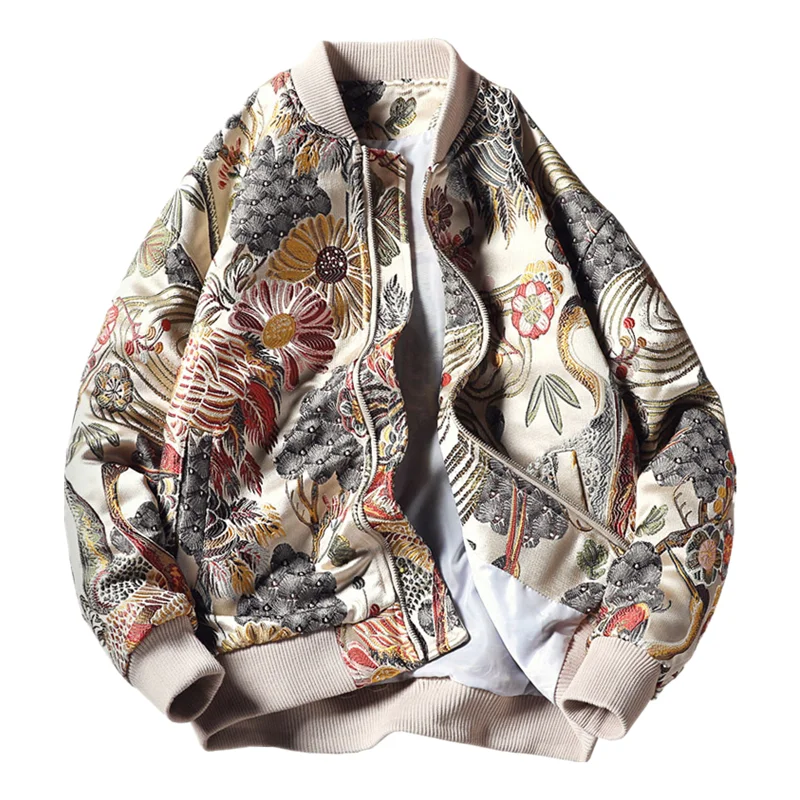 Japan Style Floral & Crane Embroidery Men Bomber Jacket Beige Stand Collar Streetwear Varsity Baseball Coat
Japan Style Floral & Crane Embroidery Men Bomber Jacket Beige Stand Collar Streetwear Varsity Baseball Coat