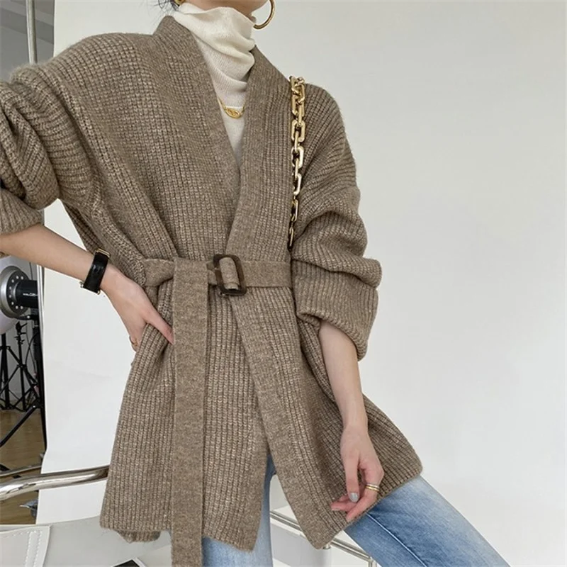 

Плотный вязаный кардиган, длинный однотонный деловой женский элегантный корейский коричневый свитер с поясом, пальто, Осень-зима 2021, кардиганы для женщин