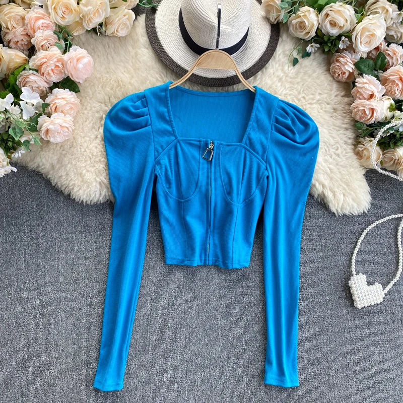 New Spring Autumn Tees T-Shirt Chic Solid Color Puff Sleeve Square Collar Crop Top Zipper Up Slim Fit Knitted Short
New Spring Autumn Tees T-Shirt Chic Solid Color Puff Sleeve Square Collar Crop Top Zipper Up Slim Fit Knitted Short