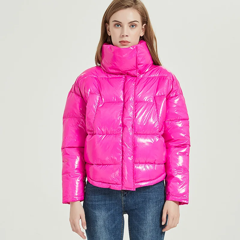 

Winter Glossy Jacket For Women Rose Red Parka Female Bread Winter Down Parkas Parka Cotton Padded Shiny Waterprooft Coat