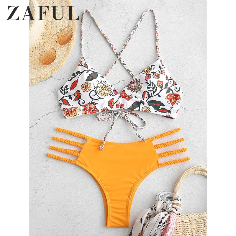 

ZAFUL Low Waist Holiday Criss Cross Bikini Set Lace Up Bra And Briefs Sexy Elastic Wire Free Swimwear Flower Braided Padded