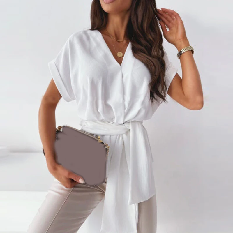 Office Short Sleeve Women's Blouse With Belt Deep V-neck Female Blouses 2021 Summer Casual Fashion Ladies Tops
Office Short Sleeve Women's Blouse With Belt Deep V-neck Female Blouses 2021 Summer Casual Fashion Ladies Tops