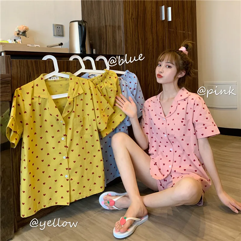 Xiali Korean Ins Heart Printing Loose Thin Cotton Short Sleeve Cute Sweet Pajamas Homewear Suit
Xiali Korean Ins Heart Printing Loose Thin Cotton Short Sleeve Cute Sweet Pajamas Homewear Suit