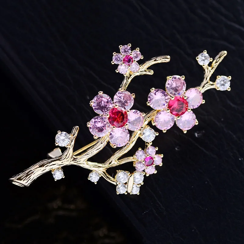 

OKILY Elegant Flower Broochpins for Women Clothes Corsage Shiny 3-Color Plum Blossom Pins Brooch AAA Zirconia Wholesale Brooches
