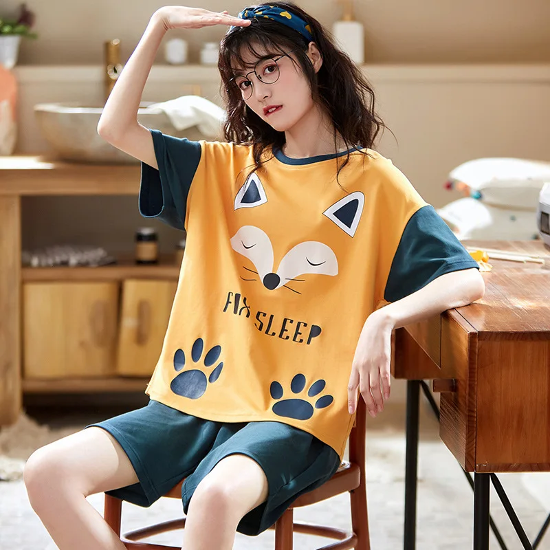 New Summer Pajamas Set Round Neck Short Sleeves Shorts Cute Cartoon Sleepwear Women Cotton Home Wear Comfort Pijamas Pyjama
New Summer Pajamas Set Round Neck Short Sleeves Shorts Cute Cartoon Sleepwear Women Cotton Home Wear Comfort Pijamas Pyjama