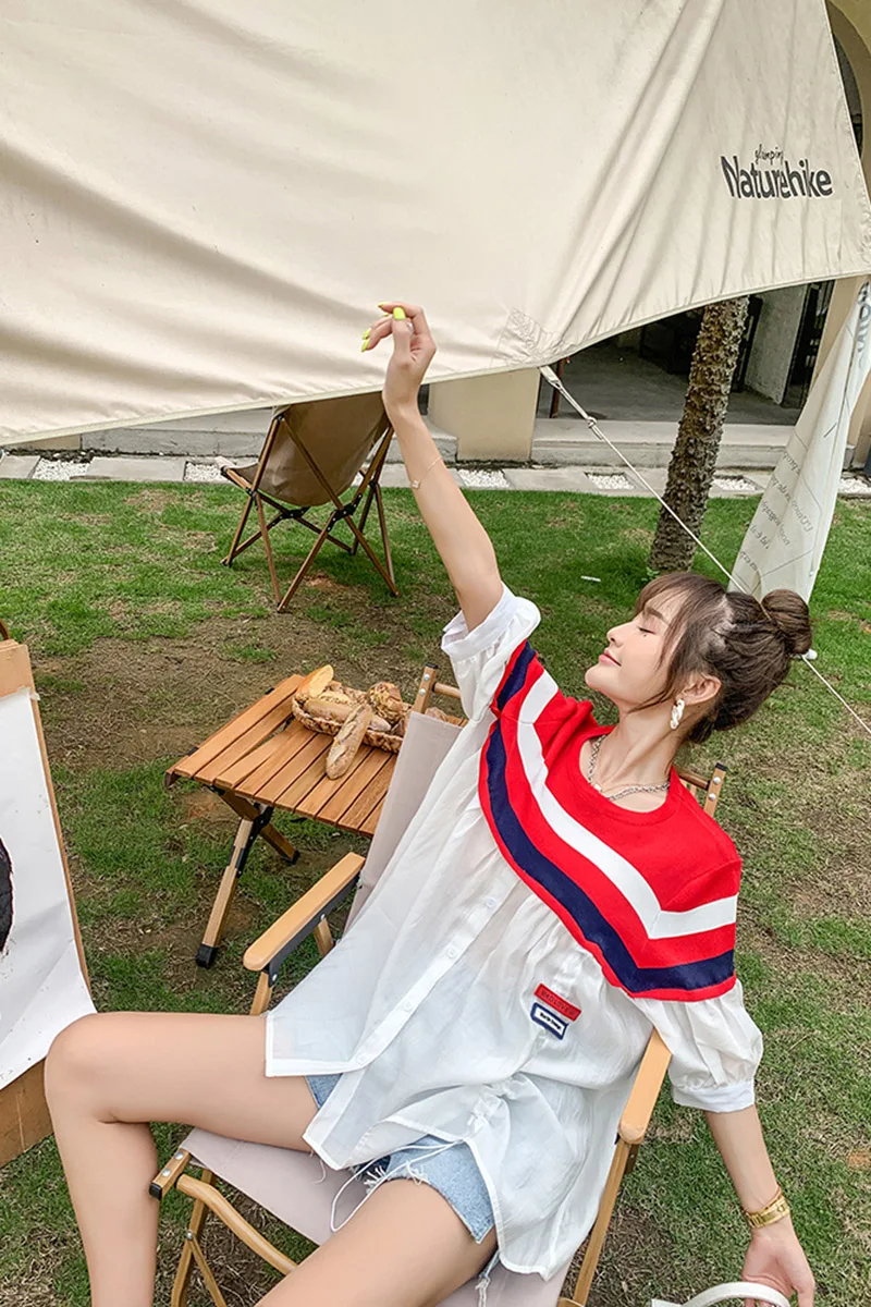 Women Short Sleeve Straight Blouses 2021 Summer Striped Stitching Knitwear Shirt Female Loose Round Neck Casual Top 
Women Short Sleeve Straight Blouses 2021 Summer Striped Stitching Knitwear Shirt Female Loose Round Neck Casual Top