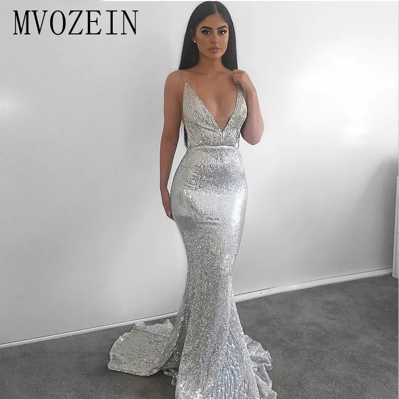 Mermaid Spaghetti Straps V-Neckline Backless Sweep Train Silver robe de soiree Sequined Prom Dress Sexy Evening Gown 2019
Mermaid Spaghetti Straps V-Neckline Backless Sweep Train Silver robe de soiree Sequined Prom Dress Sexy Evening Gown 2019
