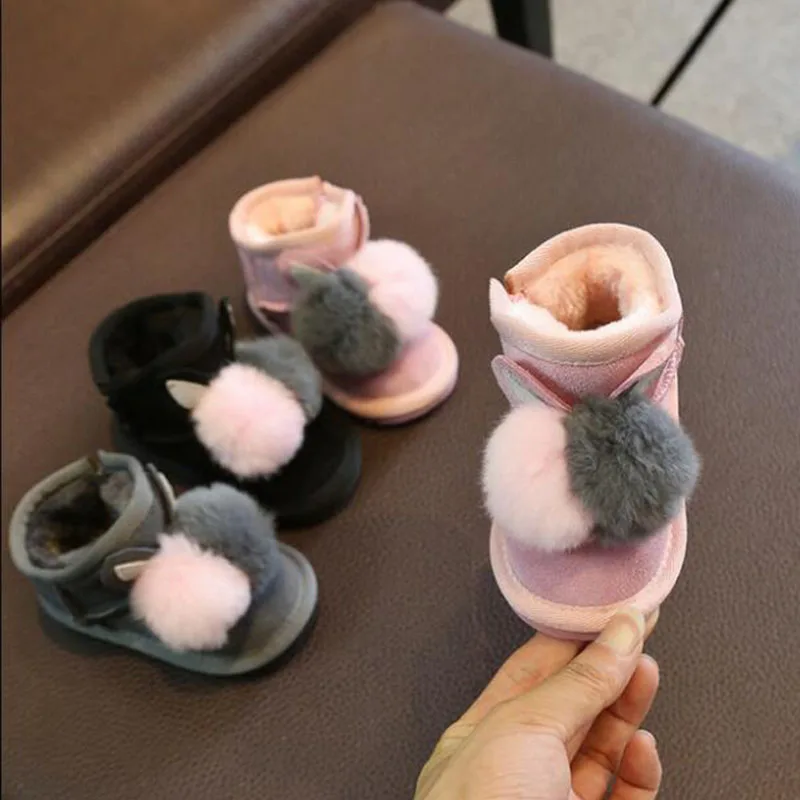Genuine Leather Baby Snow Boots Girls Plus Velvet Thick Winter Rex Rabbit Fur ball Decoration Children |