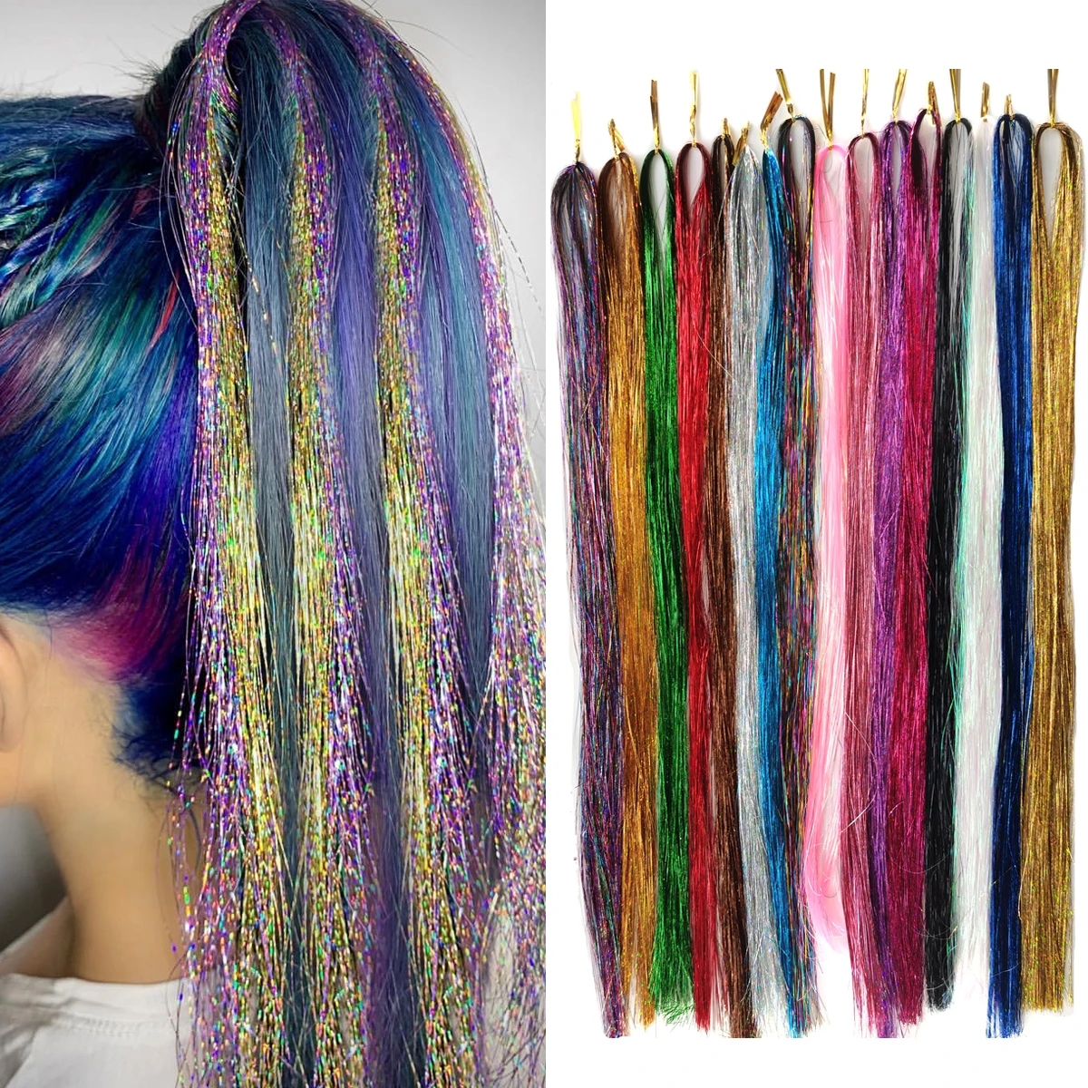

16PCS 3200Strands Sparkle Hair Tinsel Kit With Tools Rainbow Bling Secoration Girls Synthetic Extension Glitter Party