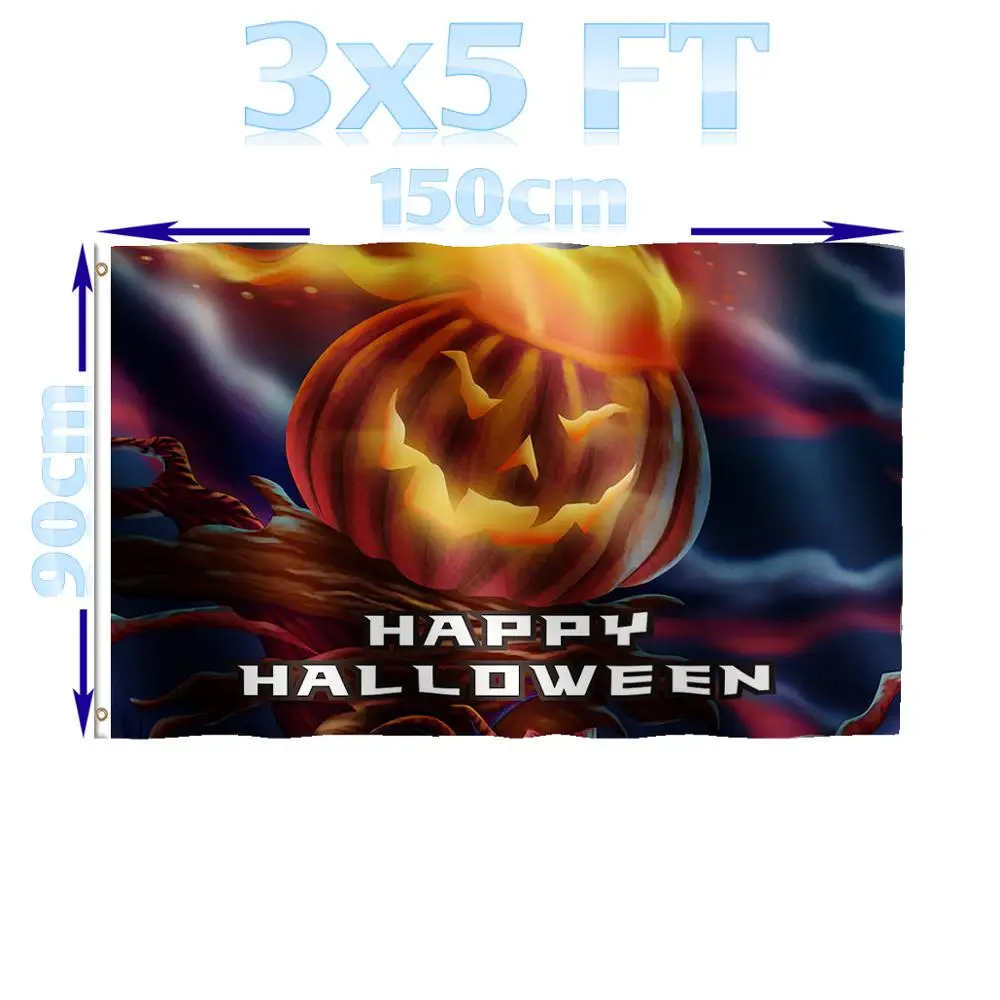 

BENFACTORY Store 3x5 ft Happy Halloween with Big Fire Pumpkin Flag Single Layer 100D Polyester Wider Reinforced Brass Grommets