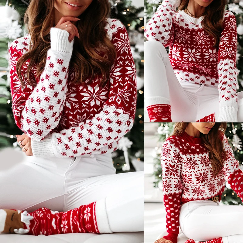 Женский модный Рождественский вязаный свитер с длинным рукавом и принтом снежинок 
Женский модный Рождественский вязаный свитер с длинным рукавом и принтом снежинок