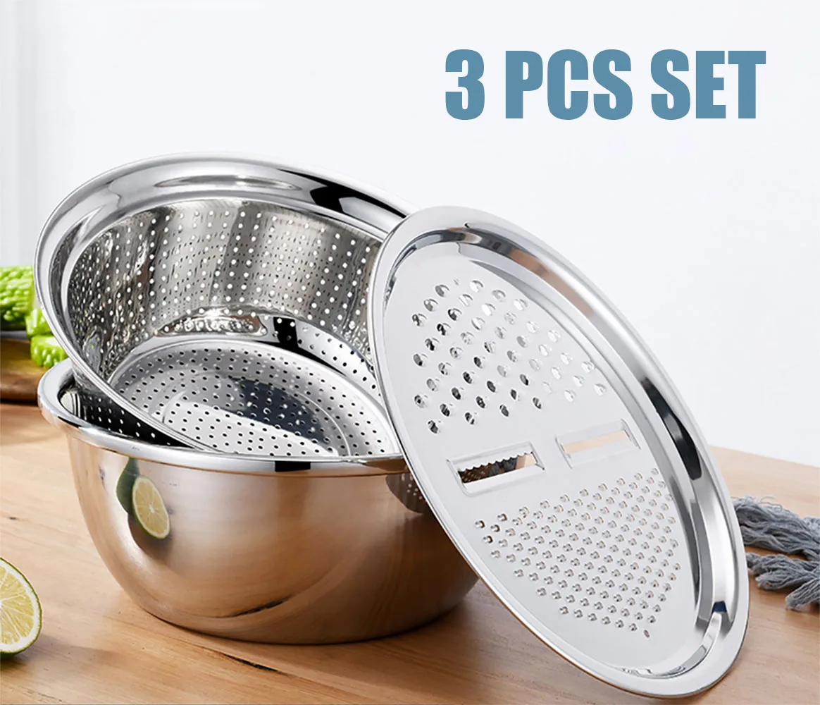 3PCS Multifunctional Stainless Steel Kitchen Graters Vegetable Slicer Vegetable Cutter Drain Basket Set Drain Basin for Fruit
3PCS Multifunctional Stainless Steel Kitchen Graters Vegetable Slicer Vegetable Cutter Drain Basket Set Drain Basin for Fruit