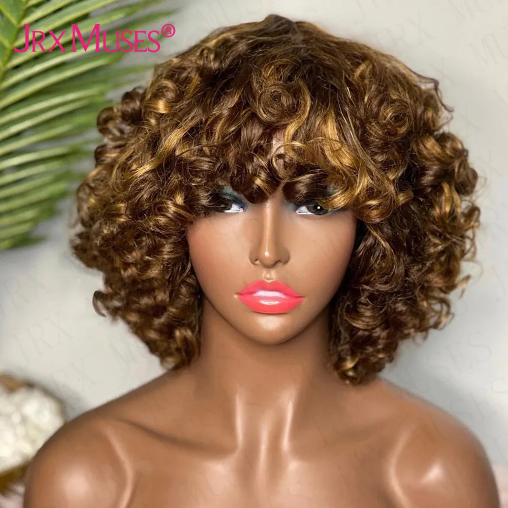 

Highlight Blonde Funmi Curly Short Human Hair Wig for Women Peruvian Curly Bob Burgundy Colored Full Machine Made Fringe Wig