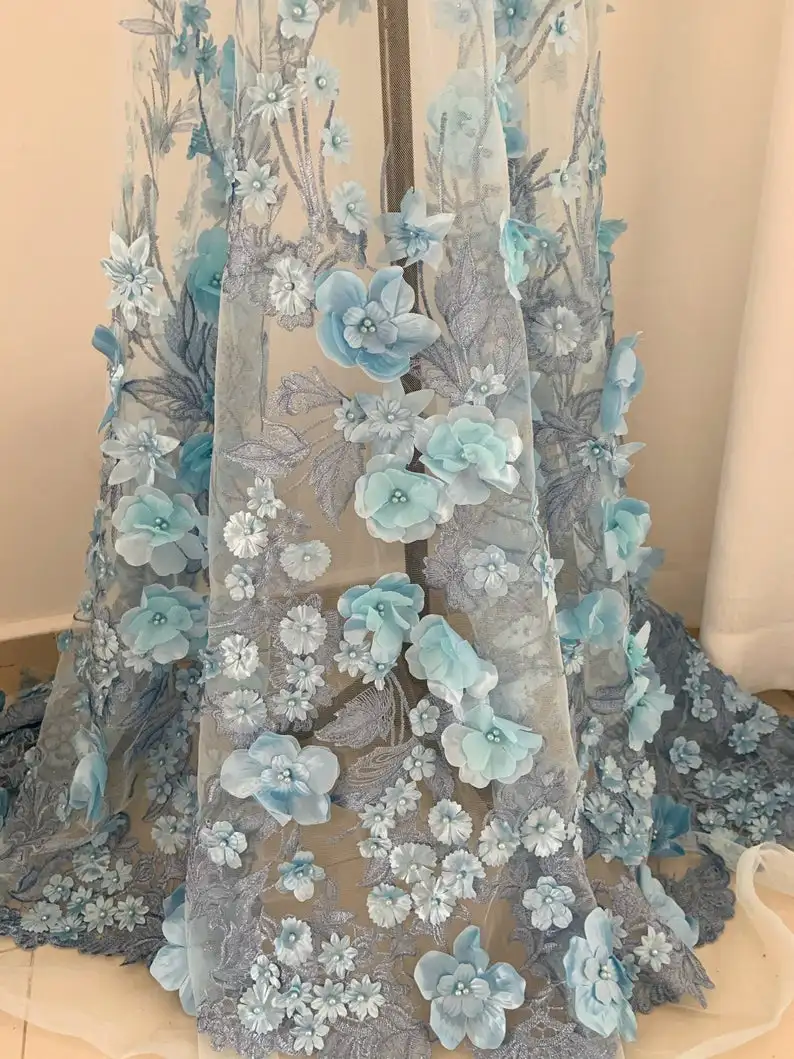 1 yard Light blue French lace fabric with 3d flowers, heavy bead tulle lace fabric with 3d florals, bridal dress fabric,
1 yard Light blue French lace fabric with 3d flowers, heavy bead tulle lace fabric with 3d florals, bridal dress fabric,