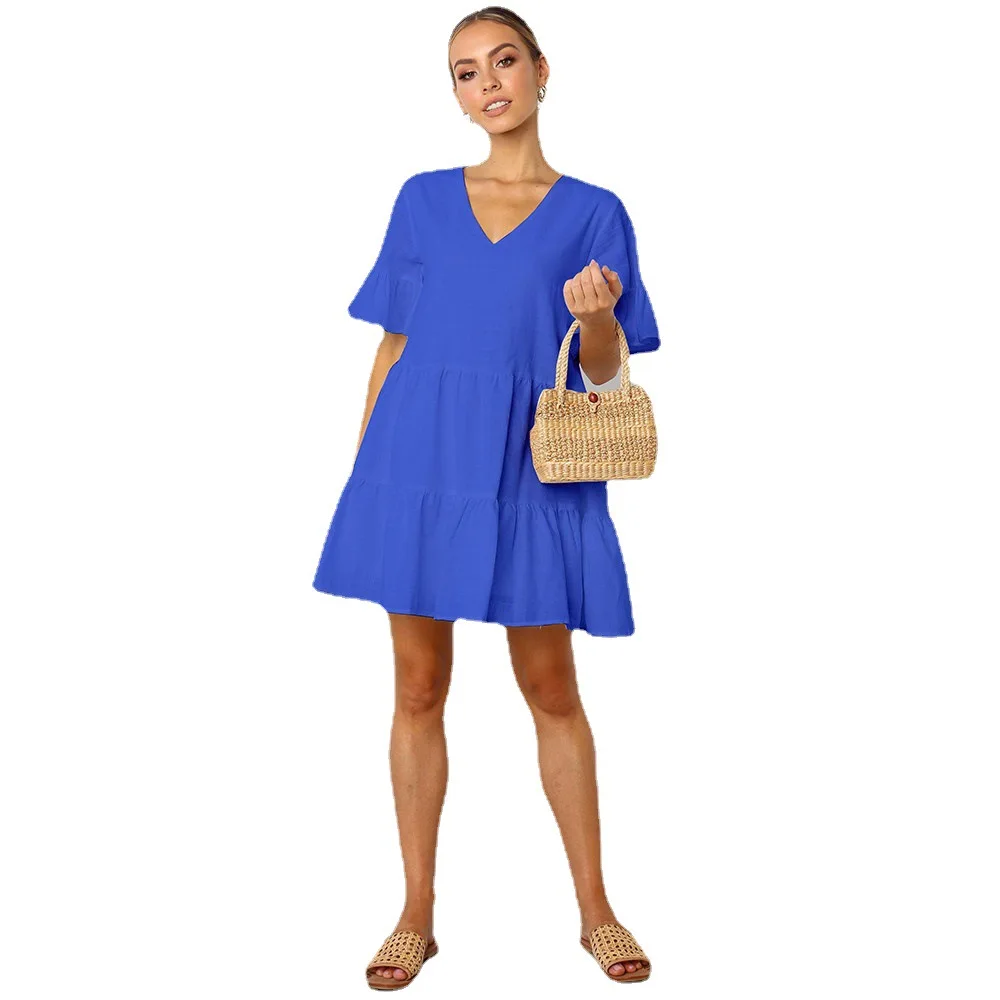 Women's Casual Loose Solid Summer Dress Short Tunic Dress V-Neck Sexy Female Volant Loose Swing Mini Dresses