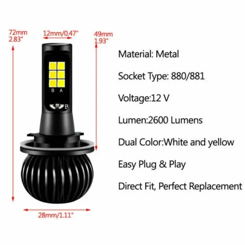 White/Yellow Fog Light 12V 12W 2600 Lumens 880/881 Car Driving Dual Color
White/Yellow Fog Light 12V 12W 2600 Lumens 880/881 Car Driving Dual Color