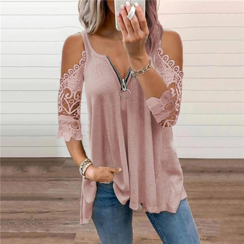 Sexy Summer Half Sleeve Lace Shirt Women Casual Zipper V Neck Loose T Shirt Plus Size Hollow Out Sling Elegant Pullover Tops
Sexy Summer Half Sleeve Lace Shirt Women Casual Zipper V Neck Loose T Shirt Plus Size Hollow Out Sling Elegant Pullover Tops