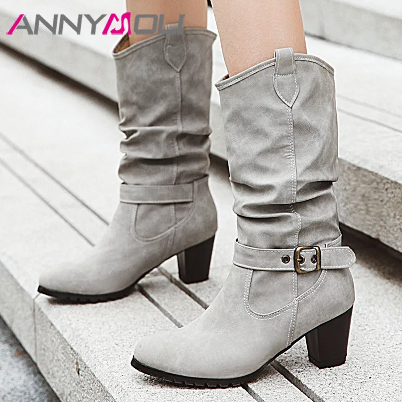 ANNYMOLI Buckle Western Boots High Heel Mid Calf Boots Woman Pleated Thick Heel Short Boots Round Toe Female Shoes Winter 34-43
ANNYMOLI Buckle Western Boots High Heel Mid Calf Boots Woman Pleated Thick Heel Short Boots Round Toe Female Shoes Winter 34-43